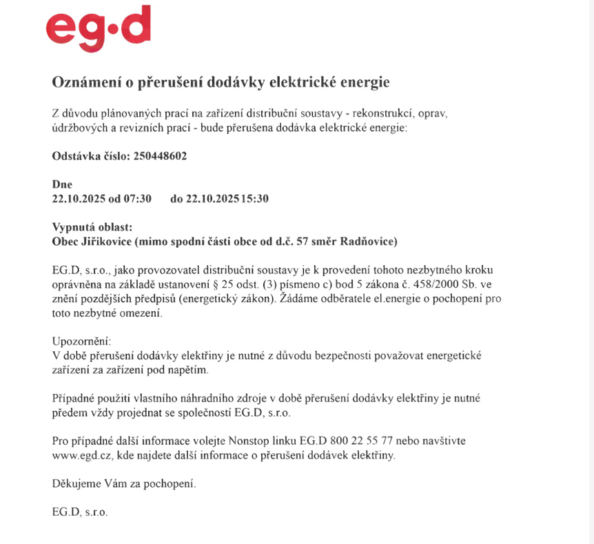 Oznámení o přerušení dodávky elektrické energie – 22.10.2025